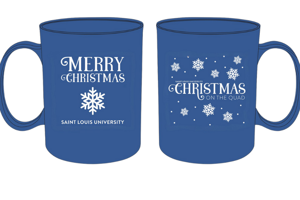 A mug is pictured that says Merry Christmas Saint Louis University with an image of a snowflake on the side. On the other side are several small snowflakes and the words Christmas on the Quad.