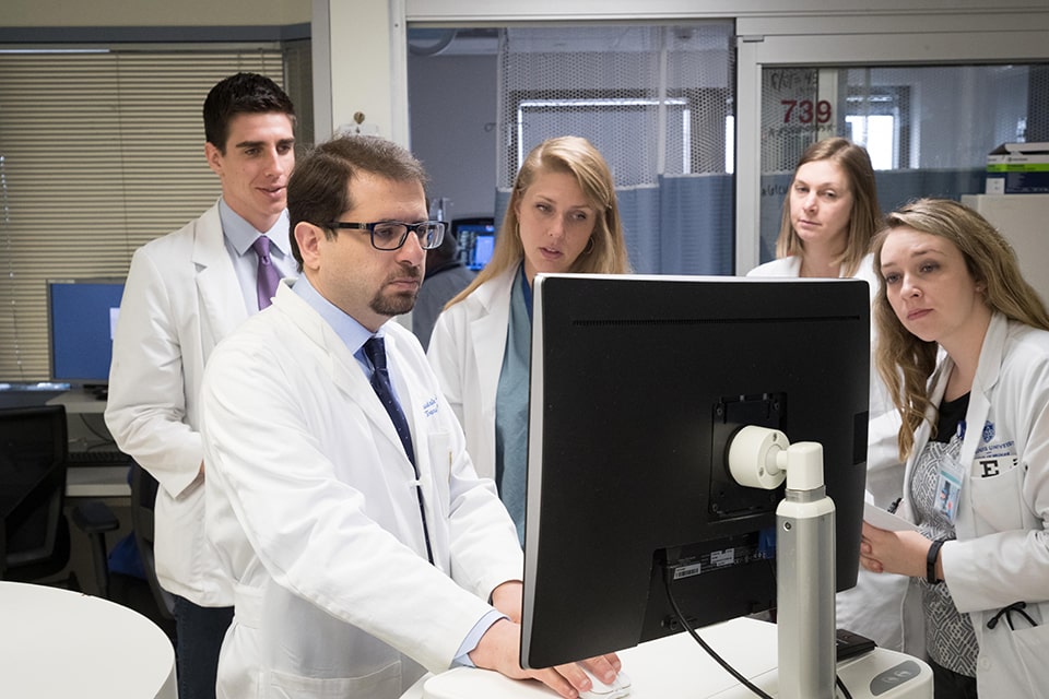 Clerkships Four clerkship participants observe as a faculty member types on a computer.