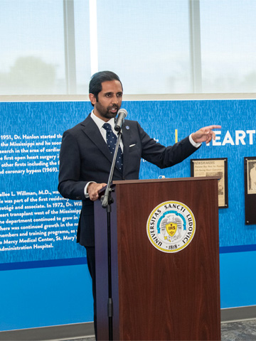 Pictured is Sameer Siddiqui, M.D. at the dedication of new surgical history wall Pictured is Sameer Siddiqui, M.D. at the dedication of new surgical history wall