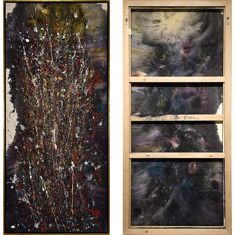 Face and reverse of Frederick J. Brown, "Descent into Hell" from "The Life of Christ Altarpiece" (1994–1995). MOCRA collection. At left, a tall vertical abstract painting featuring energetic splashes of reds, yellows, whites, greens, and blues erupting over a bruised purple-black background. At right, the reverse side of the same painting with the wooden stretcher visible and the title, "Descent into Hell" handwritten on a horizontal board.